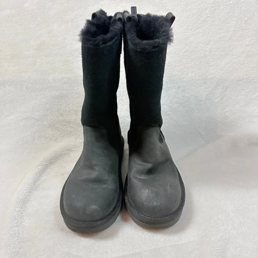 UGG Boots Kids Size 2 Black Good Leather Suede Back Zip Faux‎ Fur 1013287K